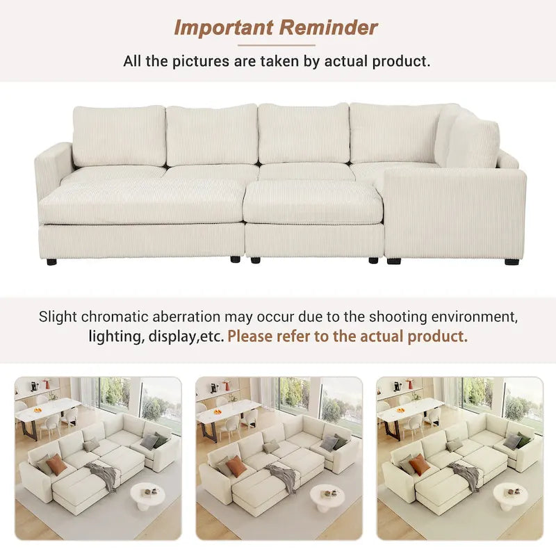 Corduroy Sectional Couch Sofa Bed, Modular Sofa with 2 Movable Ottomans Sleeper Recliner Sofa Couch for Living Room