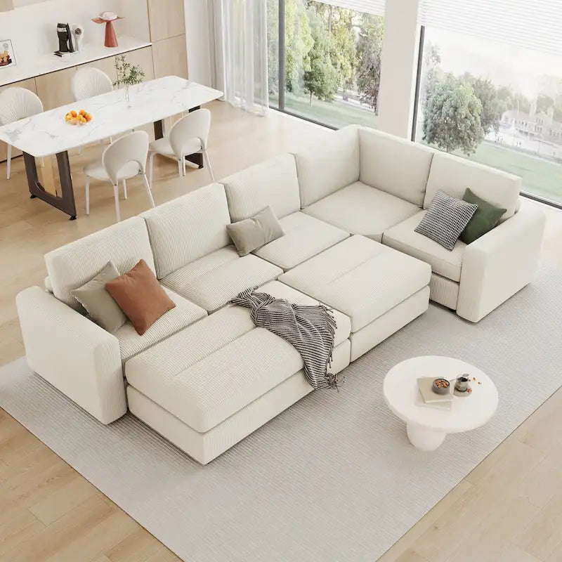 Corduroy Sectional Couch Sofa Bed, Modular Sofa with 2 Movable Ottomans Sleeper Recliner Sofa Couch for Living Room