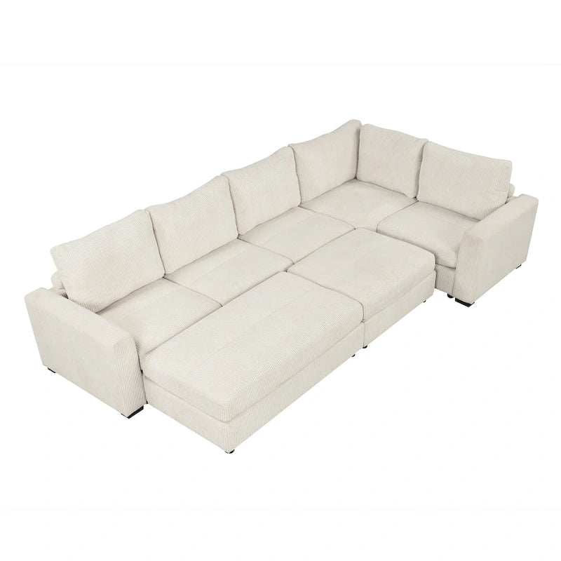 Corduroy Sectional Couch Sofa Bed, Modular Sofa with 2 Movable Ottomans Sleeper Recliner Sofa Couch for Living Room