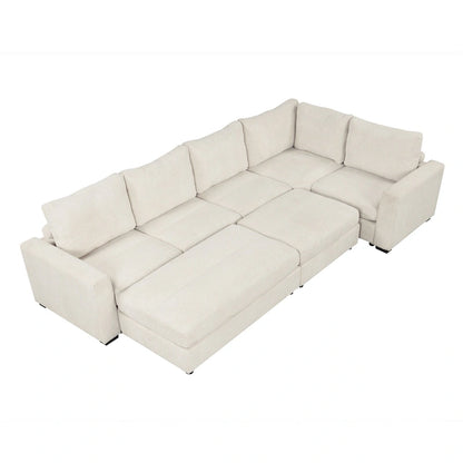 Corduroy Sectional Couch Sofa Bed, Modular Sofa with 2 Movable Ottomans Sleeper Recliner Sofa Couch for Living Room