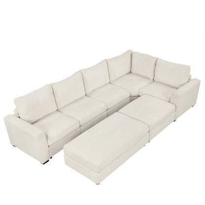 Corduroy Sectional Couch Sofa Bed, Modular Sofa with 2 Movable Ottomans Sleeper Recliner Sofa Couch for Living Room