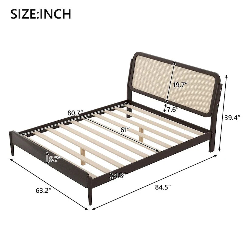 Queen Size Wood Storage Platform Bed with LED Light,Rattan Headboard