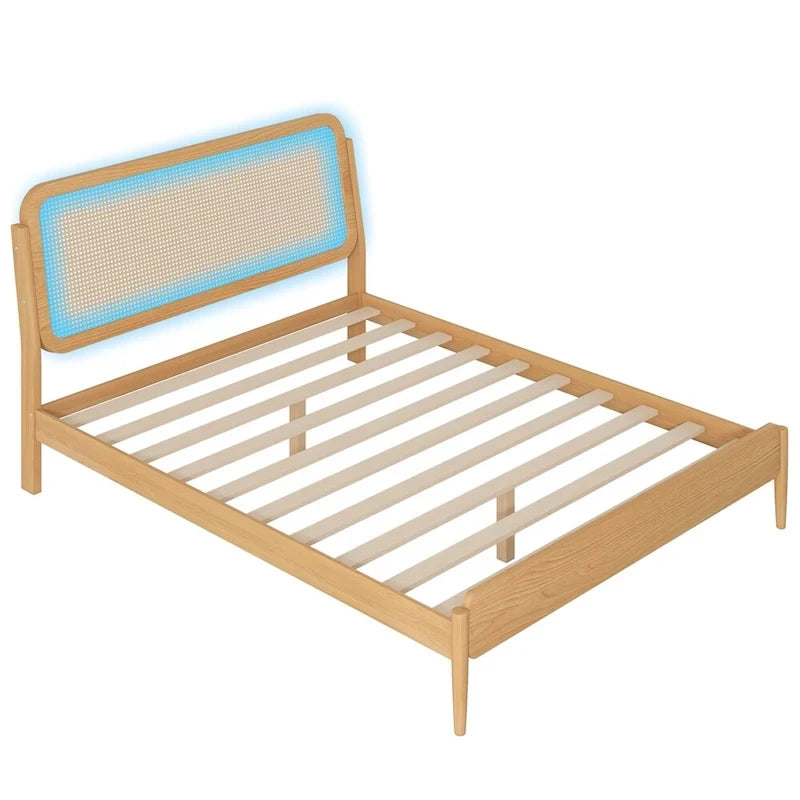 Queen Size Wood Storage Platform Bed with LED Light,Rattan Headboard