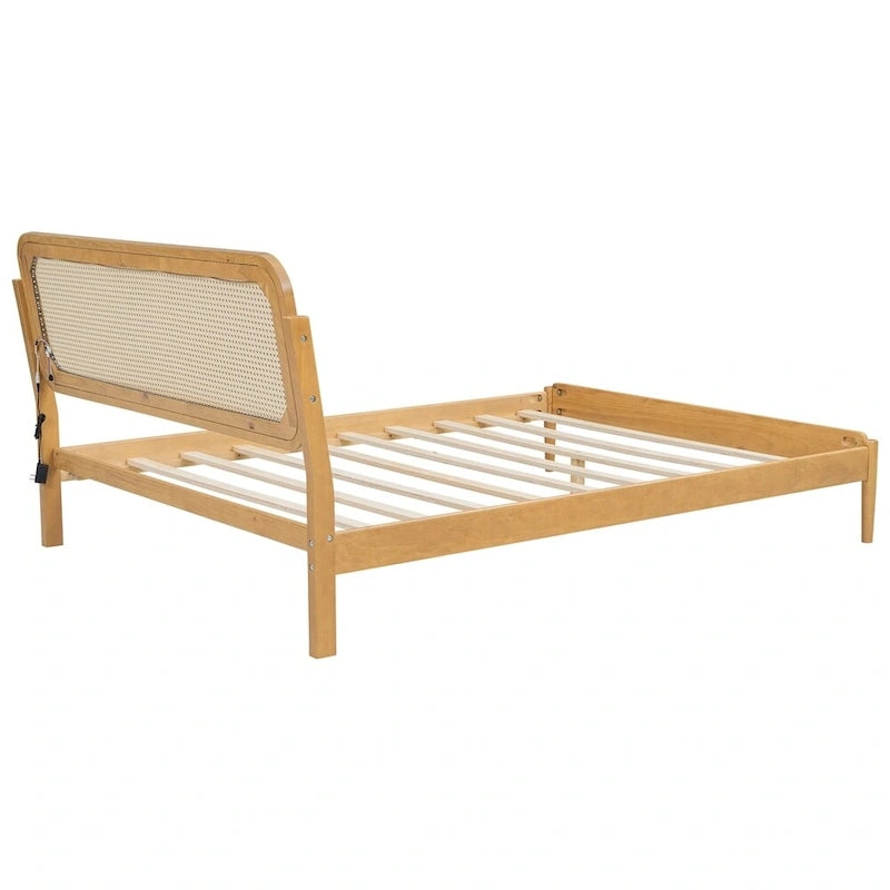 Queen Size Wood Storage Platform Bed with LED Light,Rattan Headboard