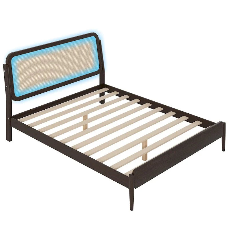 Queen Size Wood Storage Platform Bed with LED Light,Rattan Headboard