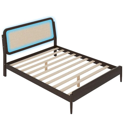 Queen Size Wood Storage Platform Bed with LED Light,Rattan Headboard
