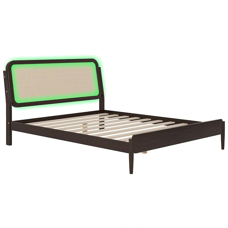 Queen Size Wood Storage Platform Bed with LED Light,Rattan Headboard