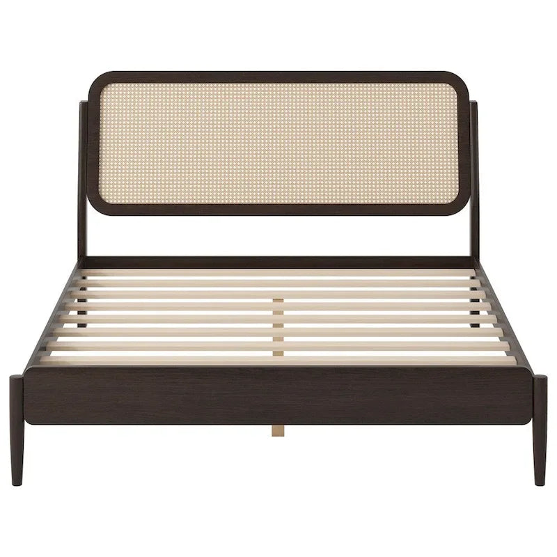 Queen Size Wood Storage Platform Bed with LED Light,Rattan Headboard