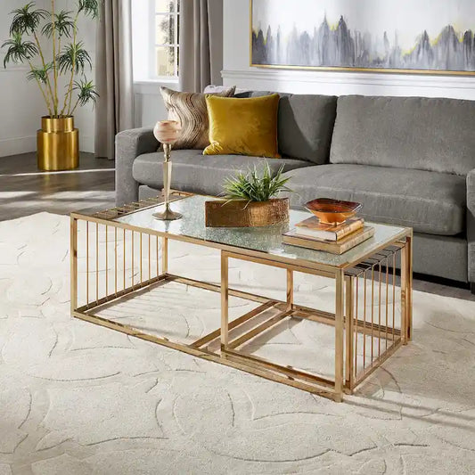 Astor Champagne Gold Finish Textured Mirror Top Nesting Coffee Table by iNSPIRE Q Bold