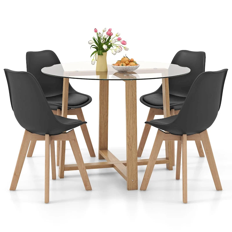 Gymax 5 PCS Dining Table Set for 4 w/ Solid Wood Legs Tempered Glass