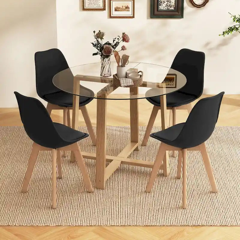 Gymax 5 PCS Dining Table Set for 4 w/ Solid Wood Legs Tempered Glass