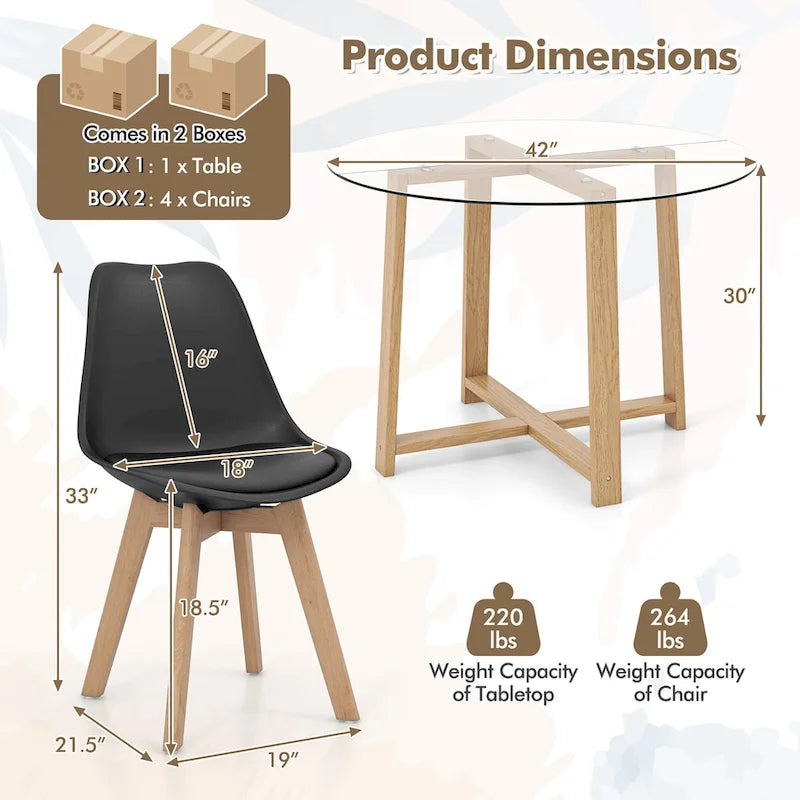 Gymax 5 PCS Dining Table Set for 4 w/ Solid Wood Legs Tempered Glass