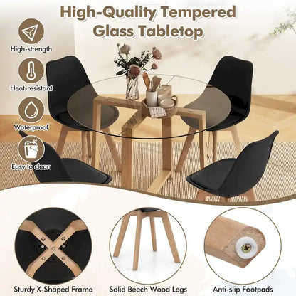 Gymax 5 PCS Dining Table Set for 4 w/ Solid Wood Legs Tempered Glass