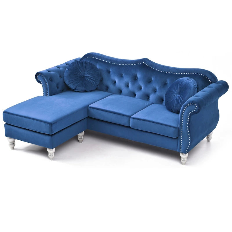 Tufted Velvet Chesterfield Sectional Sofa with Throw Pillows - 81 - Blue