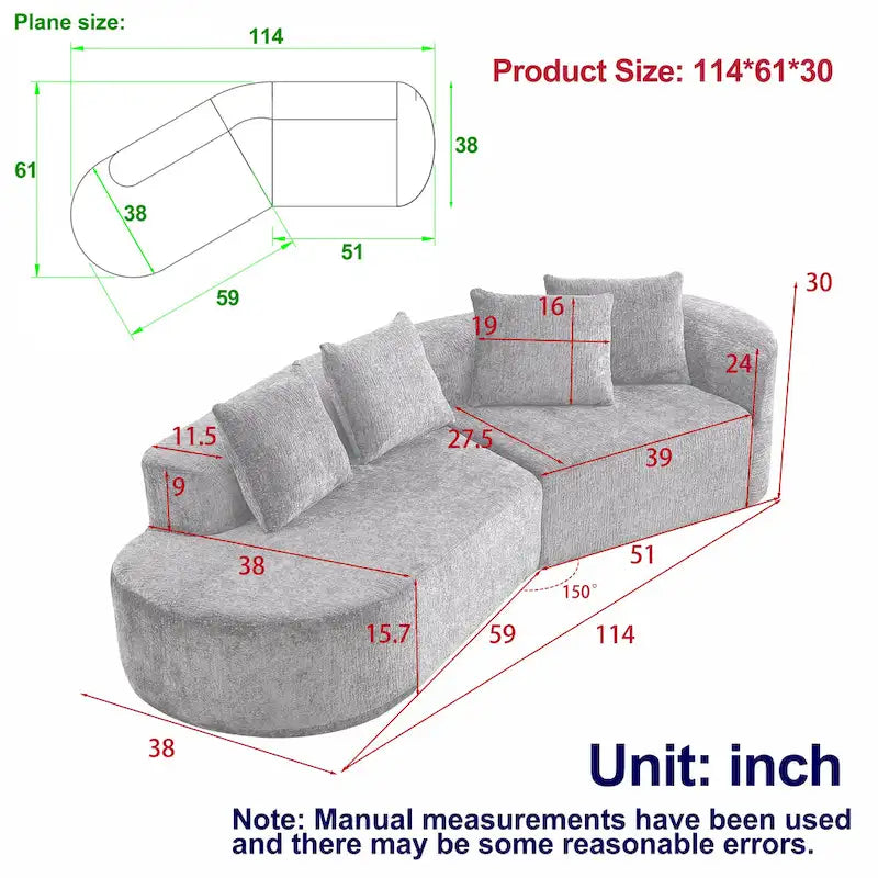114 Chenille Cloud Sectional Sofa with Extra Deep Seating, and 4 Throw Pillows & No-Assembly Design