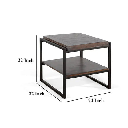 Lery End Table, Dark Brown Wood, Black Metal, Bottom Shelf, 24 Inch
