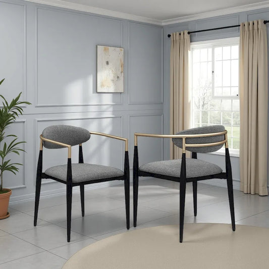 Exis Dining Armchair Set of 2, Modern Gray Fabric, Sleek Black Metal