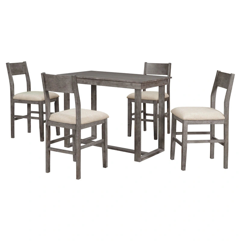 5 Pcs Counter Height Dining Table Set, Solid Wood Kitchen Dining Table Set with Rectangular Dining Table and 4 Dining Chairs
