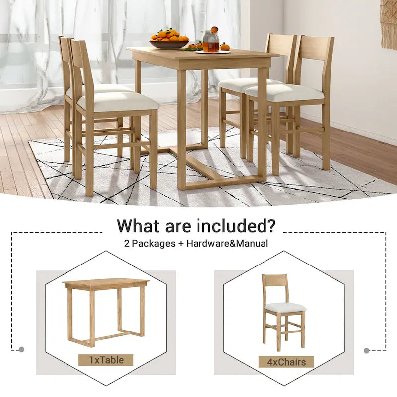 5 Pcs Counter Height Dining Table Set, Solid Wood Kitchen Dining Table Set with Rectangular Dining Table and 4 Dining Chairs