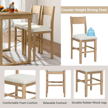 5 Pcs Counter Height Dining Table Set, Solid Wood Kitchen Dining Table Set with Rectangular Dining Table and 4 Dining Chairs