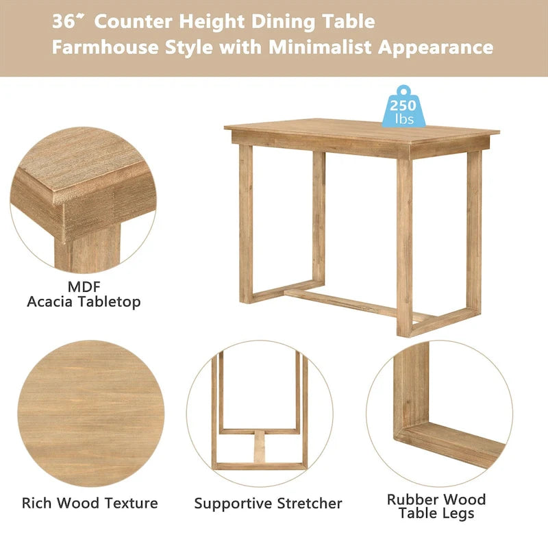 5 Pcs Counter Height Dining Table Set, Solid Wood Kitchen Dining Table Set with Rectangular Dining Table and 4 Dining Chairs