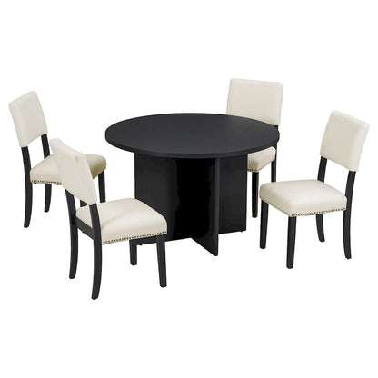 4 People Round Dining Table Set, 5 Piece Kitchen Table Set with Round Dining Table and 4 Upholstered Dining Chairs