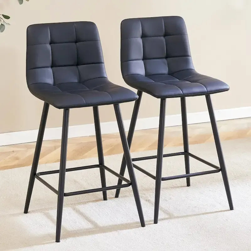 Modern PU Bar Chair 2 Pieces with Metal Legs, Checkered Design, Waterproof and Stain Resistant Suitable for Bars, Living Rooms