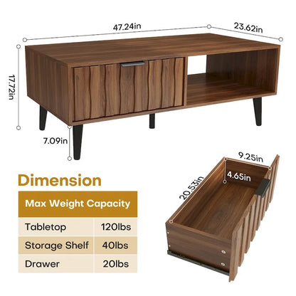 2-Drawer Mid-Century Modern Rectangular Coffee Table with Storage - 47.24L x 23.62W x 17.72H