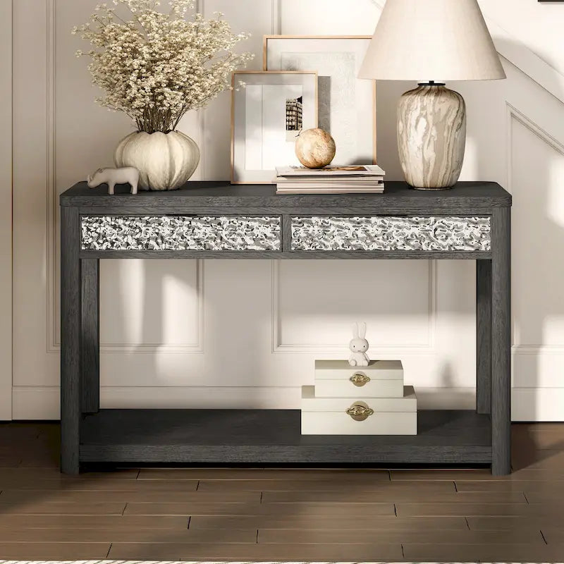 Furniture of America Piez Modern Ash Grey Wood 2-Drawer Sofa Table with Open Shelf