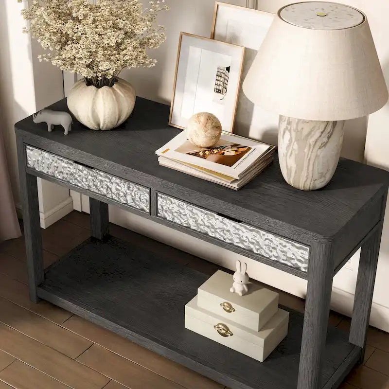 Furniture of America Piez Modern Ash Grey Wood 2-Drawer Sofa Table with Open Shelf