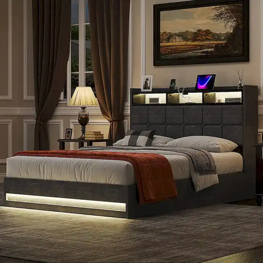 VECELO Lift Up Storage Bed/Modern Wingback Headboard/Upholstered Platform Bed Frame/Hydraulic Storage