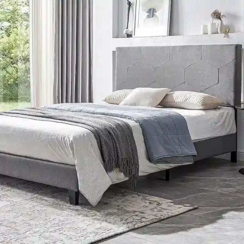 Queen Size Upholstered Platform Bed with Wood Slat Support for Bedroom
