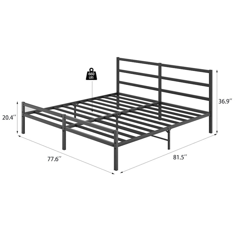 Black Metal King Platform Bed Frame with Headboard - Upgraded Folding Design