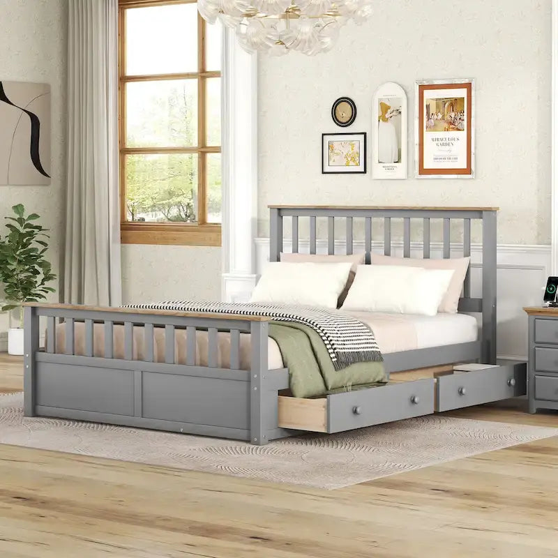 Queen Wooden Platform Bed with Drawers, Headboard, and Footboard