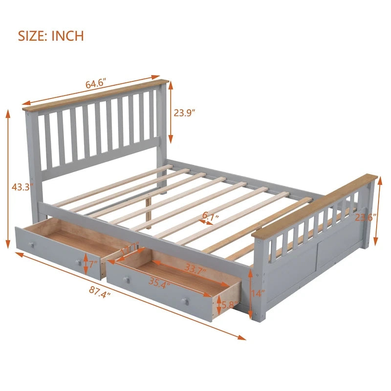 Queen Wooden Platform Bed with Drawers, Headboard, and Footboard