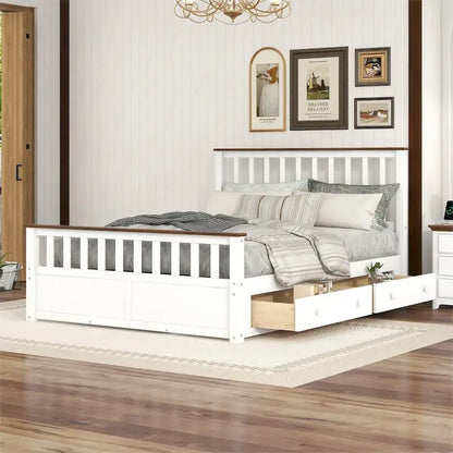 Queen Wooden Platform Bed with Drawers, Headboard, and Footboard