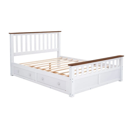 Queen Wooden Platform Bed with Drawers, Headboard, and Footboard