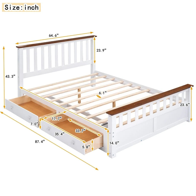 Queen Wooden Platform Bed with Drawers, Headboard, and Footboard