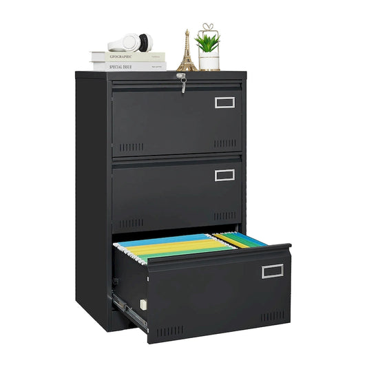 Black Locking Metal File Cabinets with Three Drawer, Lock and Key