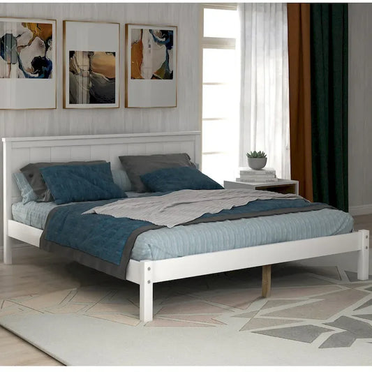 Perfectly Simple Platform Bed Frame with Wooden Slat Support and Attached Headboard, Crafted in Pine