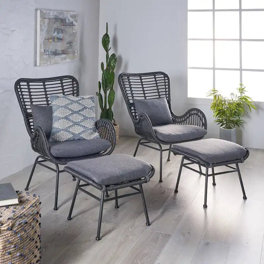 Chalet Outdoor Modern Boho Wicker Chat Set with Ottomans by Christopher Knight Home