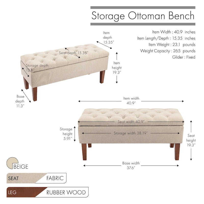 Porthos Home Ugo Fabric Storage Ottoman Bench with Rubberwood Legs