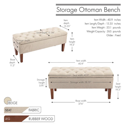 Porthos Home Ugo Fabric Storage Ottoman Bench with Rubberwood Legs