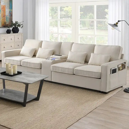 Upholstered Sofa with Console, 2 Cupholders and 2 USB Ports Wired or Wirelessly Charged