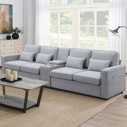 Upholstered Sofa with Console, 2 Cupholders and 2 USB Ports Wired or Wirelessly Charged