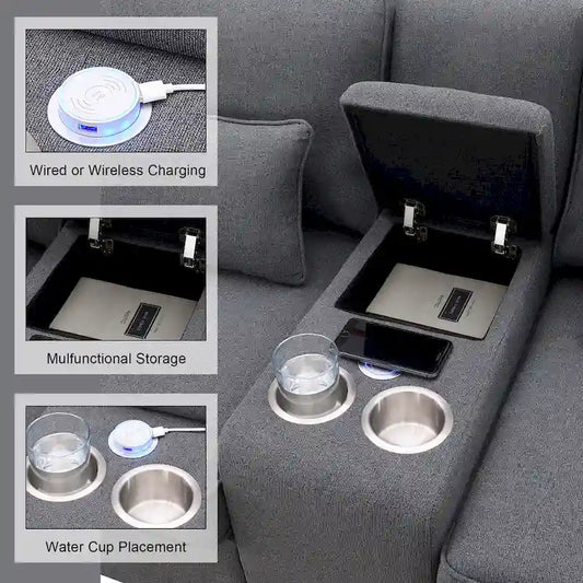 Upholstered Sofa with Console, 2 Cupholders and 2 USB Ports Wired or Wirelessly Charged