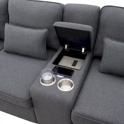 Upholstered Sofa with Console, 2 Cupholders and 2 USB Ports Wired or Wirelessly Charged