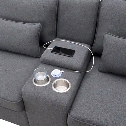 Upholstered Sofa with Console, 2 Cupholders and 2 USB Ports Wired or Wirelessly Charged
