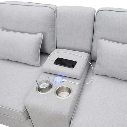 Upholstered Sofa with Console, 2 Cupholders and 2 USB Ports Wired or Wirelessly Charged