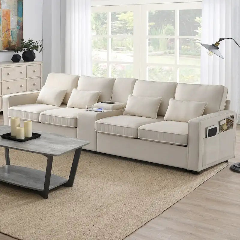 Upholstered Sofa with Console, 2 Cupholders and 2 USB Ports Wired or Wirelessly Charged
